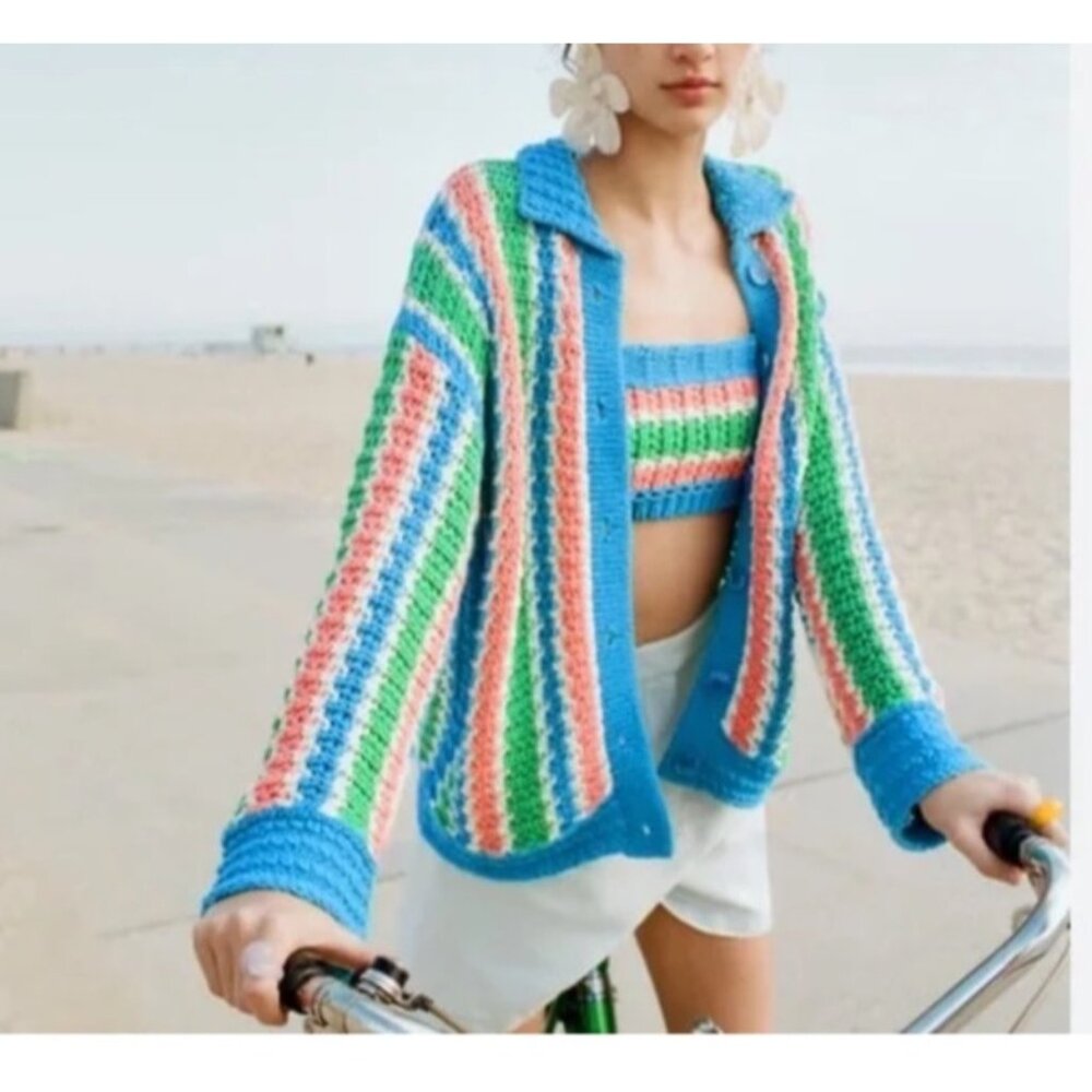 Zara Womens Sz S Multicolor Striped Knit Crochet Button-Up Jacket With Collar